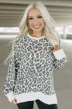 New Dear-Lover Solid Trim Leopard Print Top White Printed