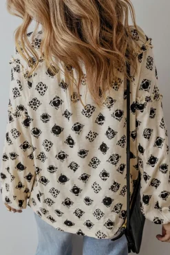 New Dear-Lover Printed Split Neck Bubble Sleeve Loose Blouse White
