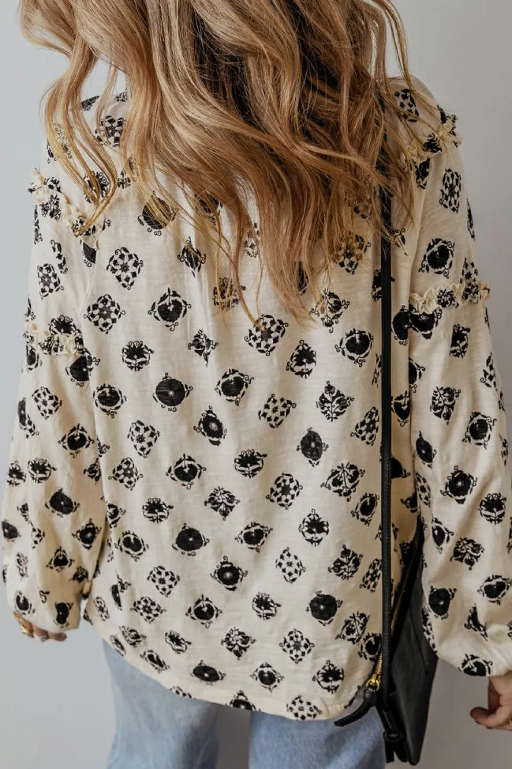 New Dear-Lover Printed Split Neck Bubble Sleeve Loose Blouse White