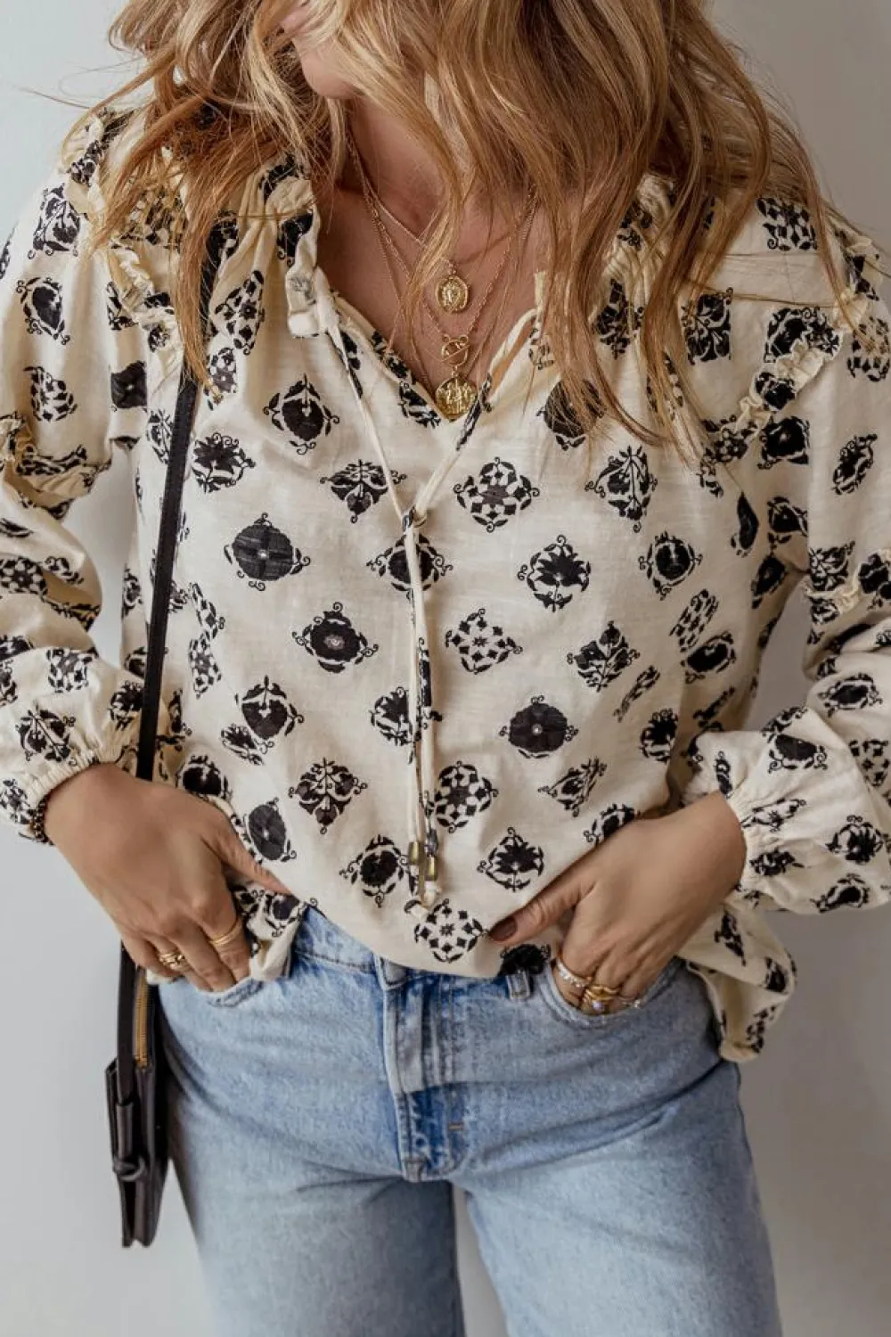 New Dear-Lover Printed Split Neck Bubble Sleeve Loose Blouse White