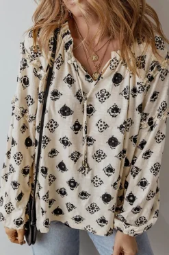 New Dear-Lover Printed Split Neck Bubble Sleeve Loose Blouse White