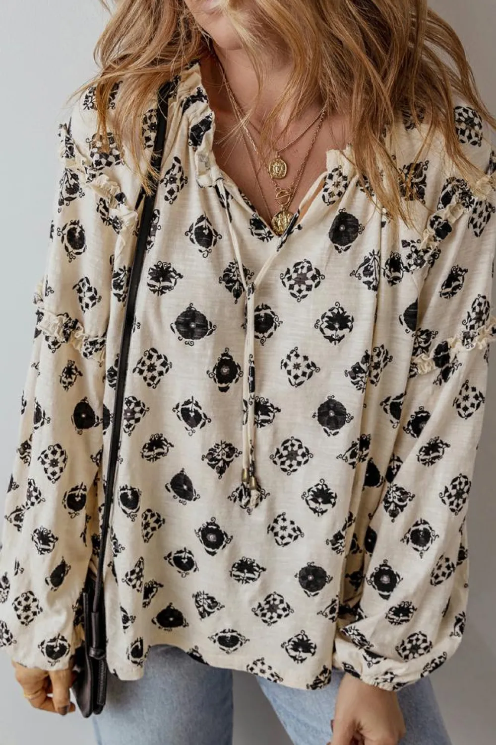 New Dear-Lover Printed Split Neck Bubble Sleeve Loose Blouse White