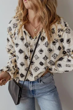 New Dear-Lover Printed Split Neck Bubble Sleeve Loose Blouse White