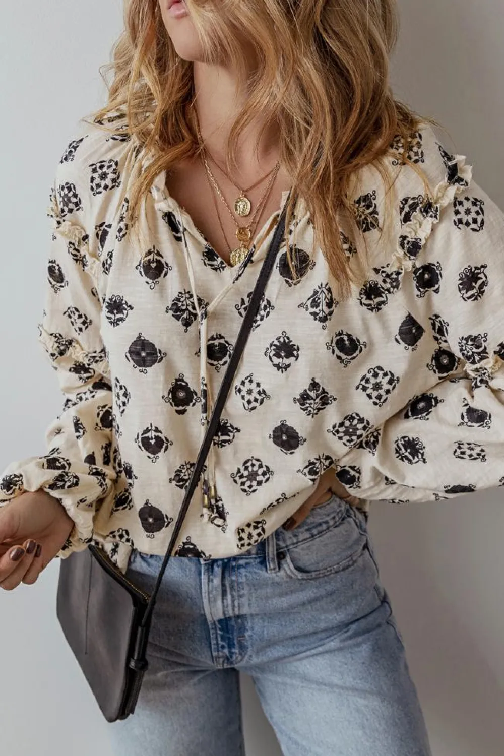 New Dear-Lover Printed Split Neck Bubble Sleeve Loose Blouse White