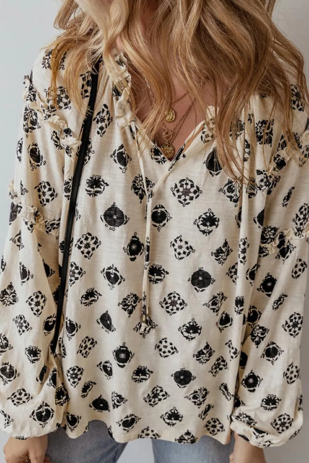 New Dear-Lover Printed Split Neck Bubble Sleeve Loose Blouse White