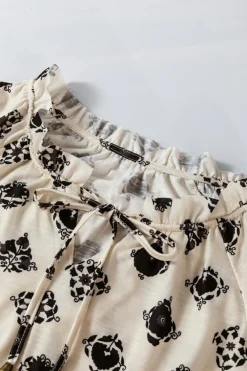 New Dear-Lover Printed Split Neck Bubble Sleeve Loose Blouse White