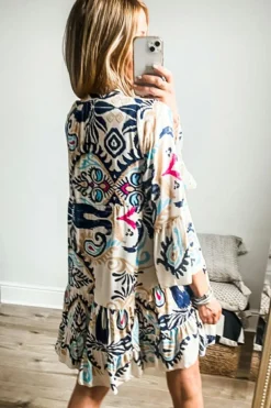 Best Dear-Lover Tribal Bracelet Sleeve Buttoned Mini Dress White Printed