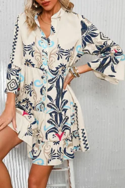 Best Dear-Lover Tribal Bracelet Sleeve Buttoned Mini Dress White Printed