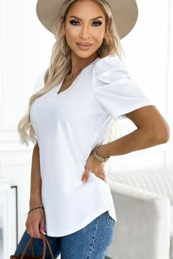 Outlet Dear-Lover Puff Sleeve V-Neck T-Shirt White