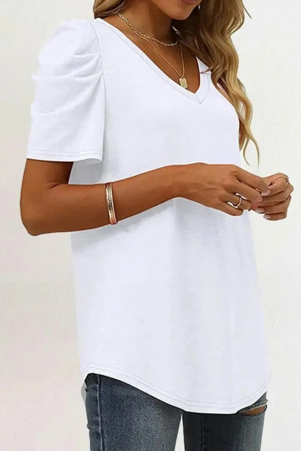 Outlet Dear-Lover Puff Sleeve V-Neck T-Shirt White
