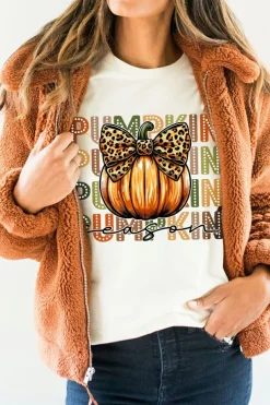 Outlet Dear-Lover PUMPKIN Season Leopard Bow Print Crew Neck T Shirt White