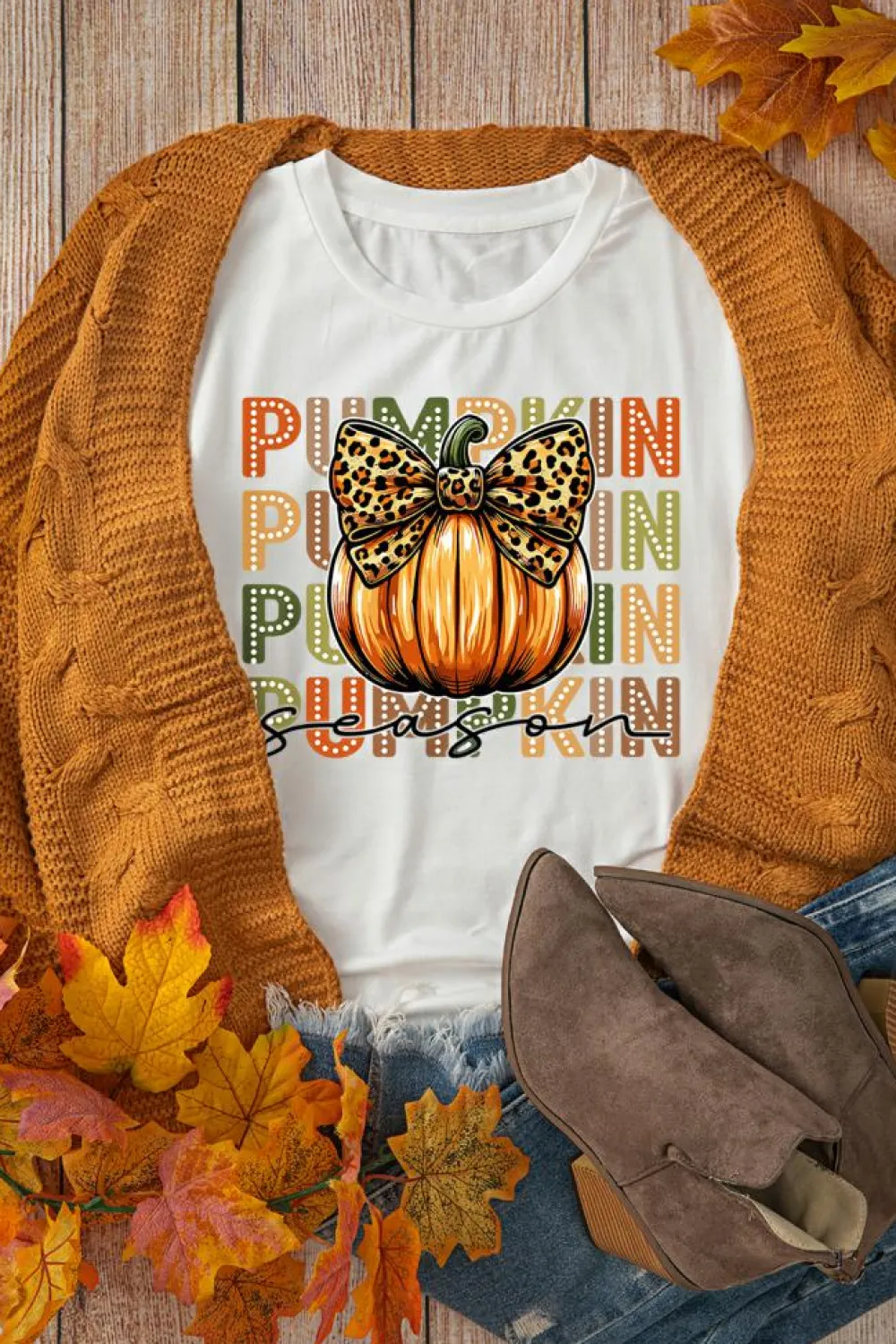 Outlet Dear-Lover PUMPKIN Season Leopard Bow Print Crew Neck T Shirt White