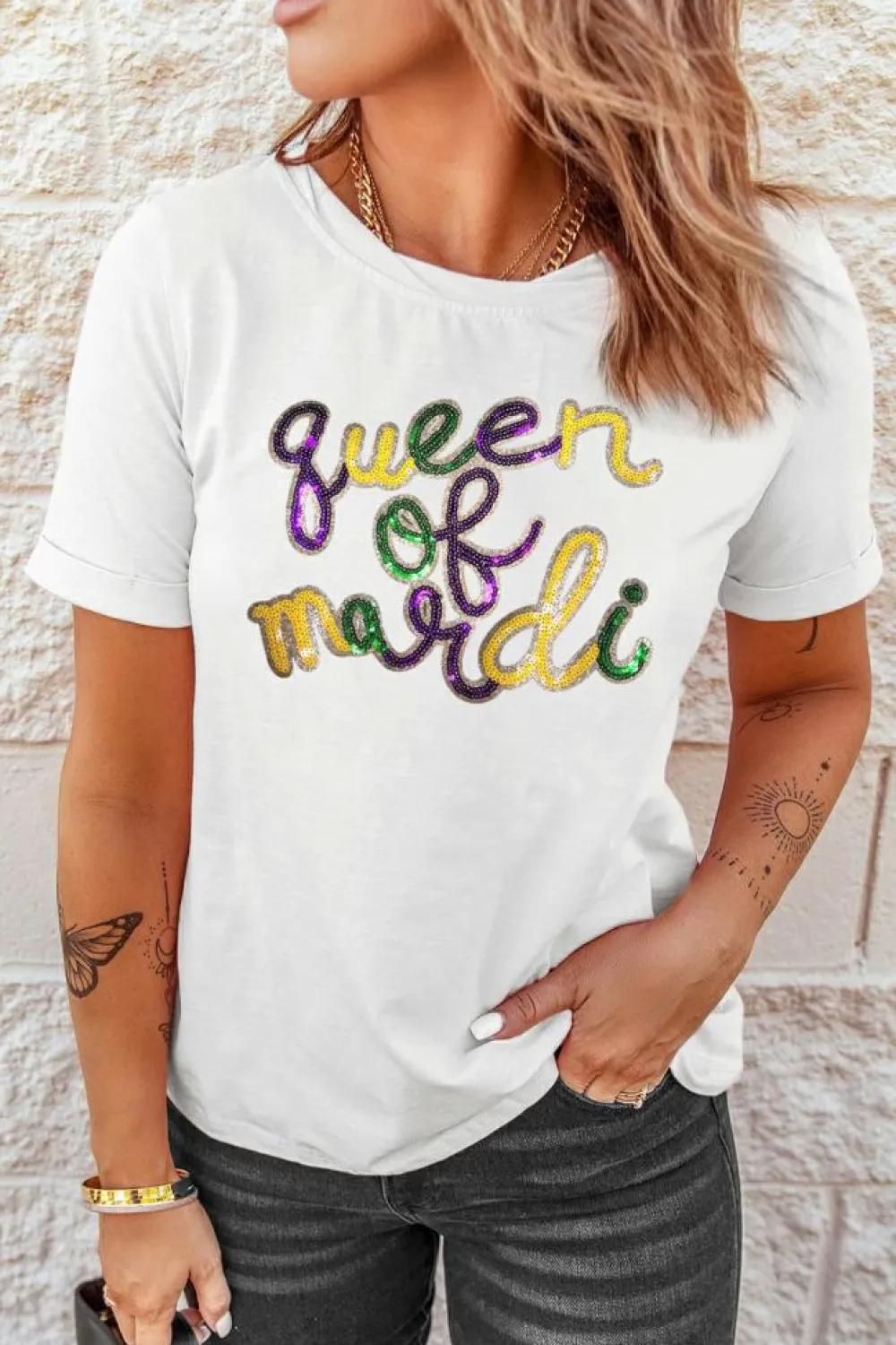 Clearance Dear-Lover queen of mardi Sequin Letter Graphic T Shirt White