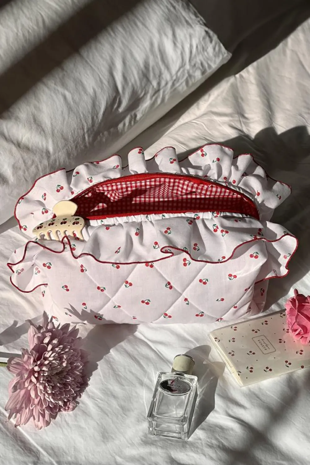 Hot Dear-Lover Quilted Cherry Printed Ruffled Zipper Makeup Bag White