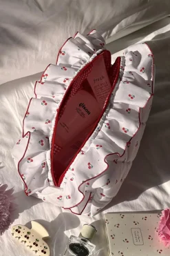 Hot Dear-Lover Quilted Cherry Printed Ruffled Zipper Makeup Bag White