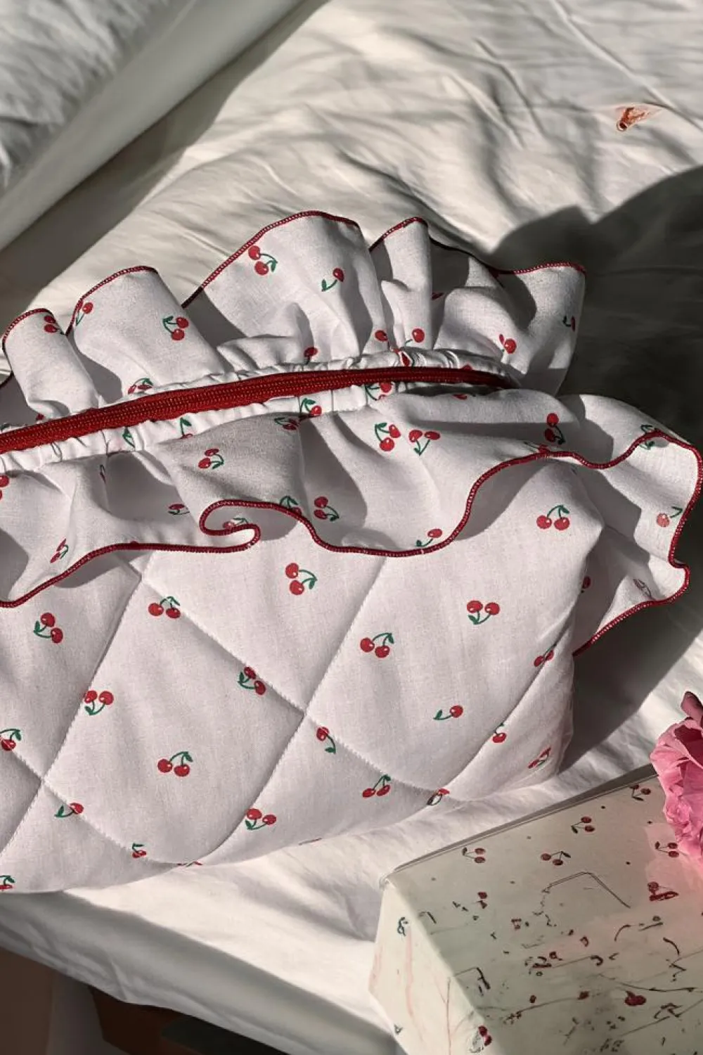 Hot Dear-Lover Quilted Cherry Printed Ruffled Zipper Makeup Bag White
