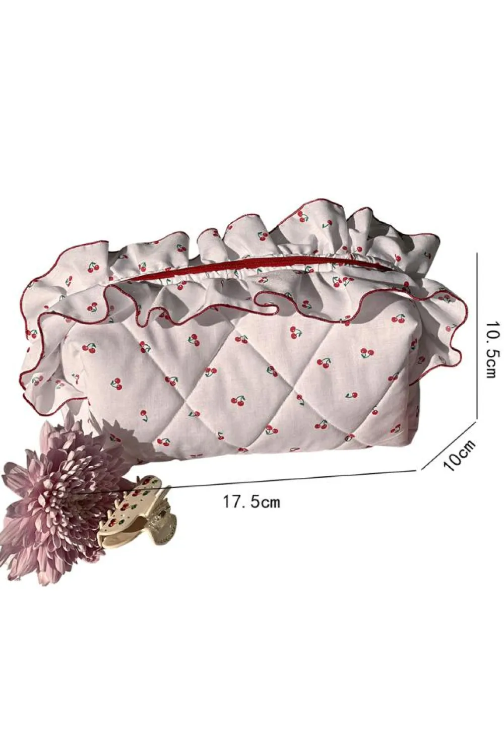 Hot Dear-Lover Quilted Cherry Printed Ruffled Zipper Makeup Bag White