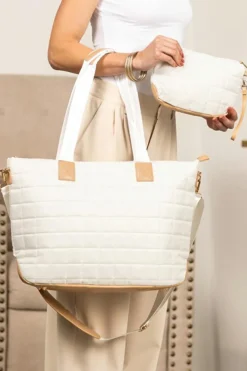 Clearance Dear-Lover Quilted Patchwork Large Tote Bag and Clutch 2pcs Set White