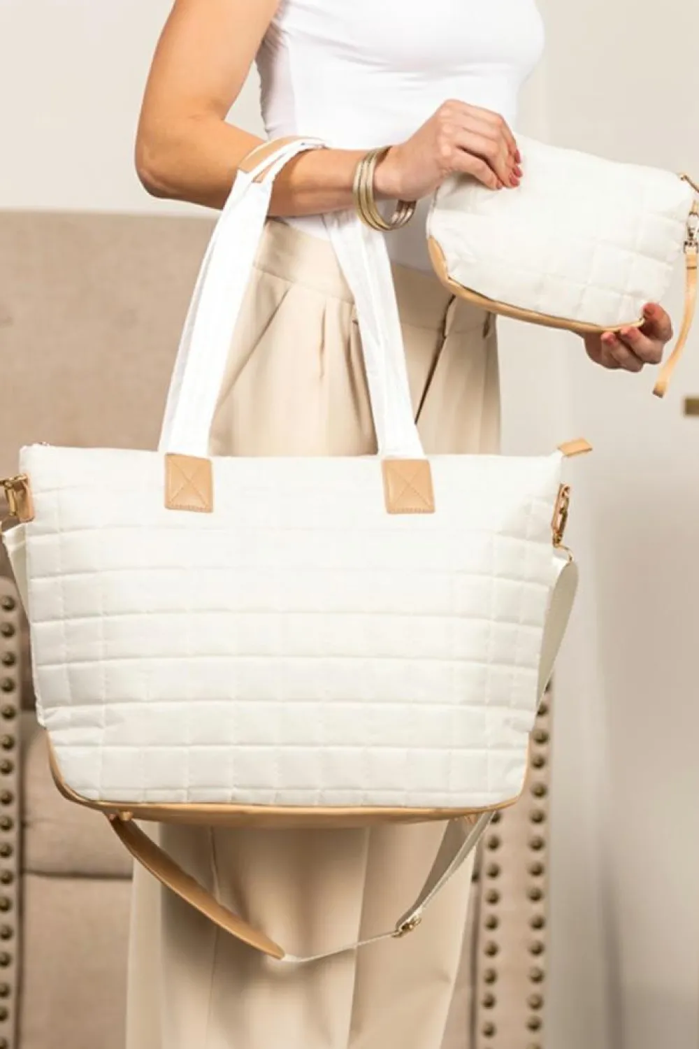Clearance Dear-Lover Quilted Patchwork Large Tote Bag and Clutch 2pcs Set White