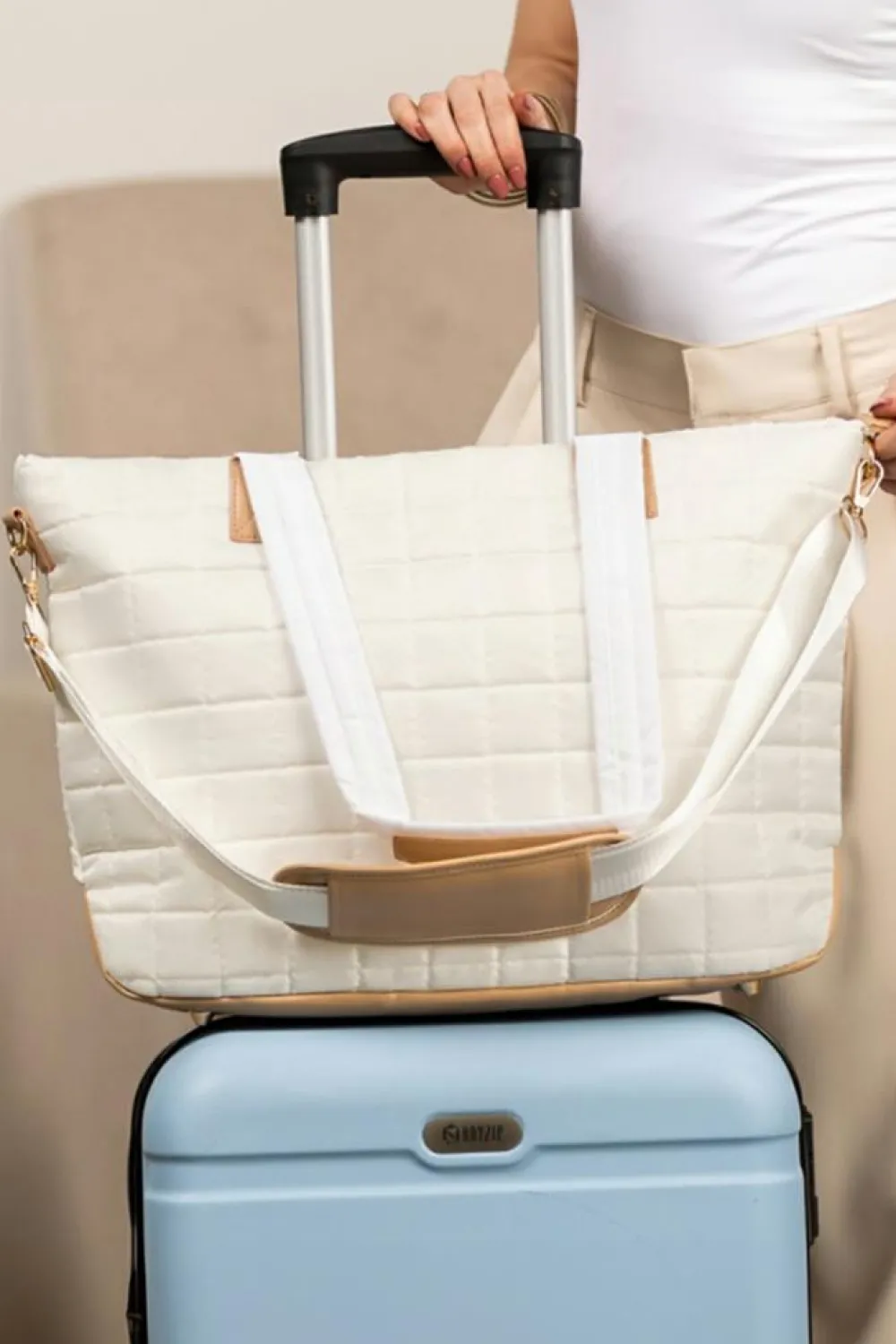 Clearance Dear-Lover Quilted Patchwork Large Tote Bag and Clutch 2pcs Set White
