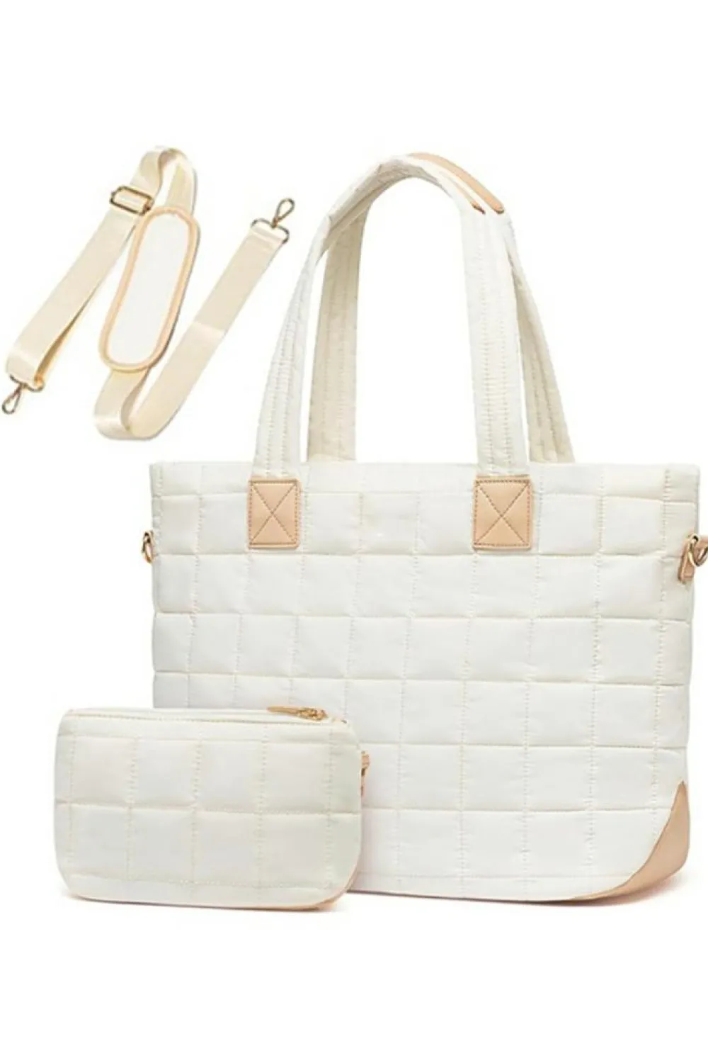 Clearance Dear-Lover Quilted Patchwork Large Tote Bag and Clutch 2pcs Set White