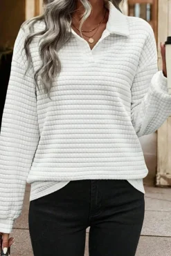 Best Dear-Lover Quilted Texture Sporty Collared Long Sleeve Top White