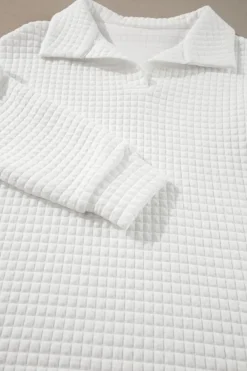 Best Dear-Lover Quilted Texture Sporty Collared Long Sleeve Top White