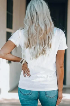 Clearance Dear-Lover Rabbit Bow Knot Print Crew Neck T Shirt White