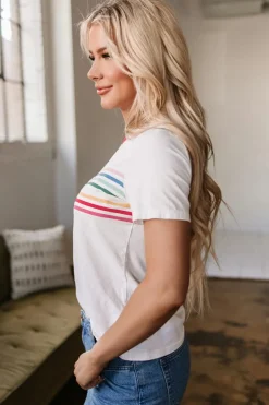 Hot Dear-Lover Rainbow Stripe Print Contrast Crewneck T Shirt White