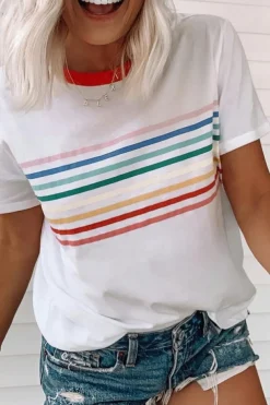 Hot Dear-Lover Rainbow Stripe Print Contrast Crewneck T Shirt White