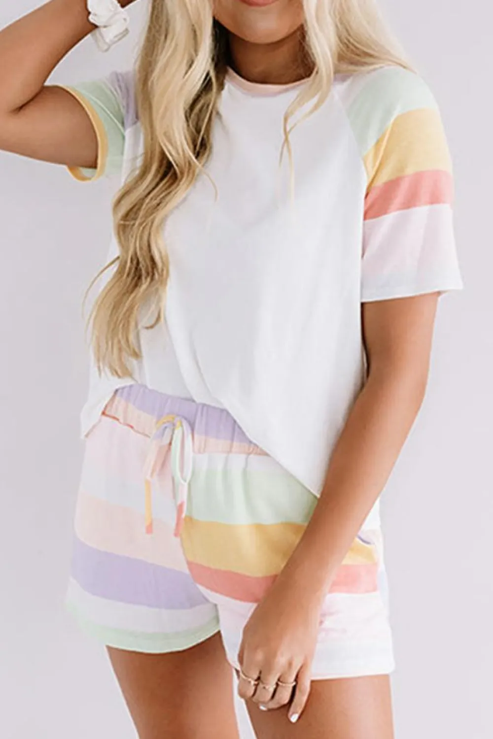 New Dear-Lover Rainbow Striped T Shirt and Shorts Set White