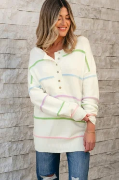 Sale Dear-Lover Rainbow Stripes Drop Shoulder Baggy Henley Sweater White