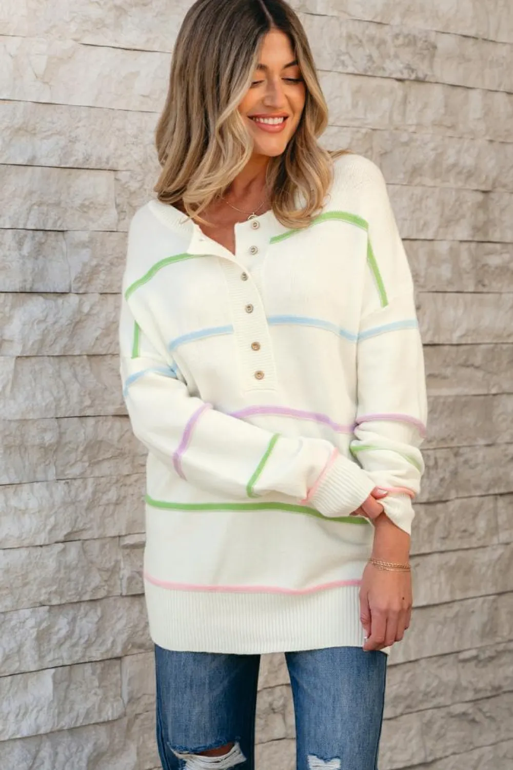 Sale Dear-Lover Rainbow Stripes Drop Shoulder Baggy Henley Sweater White
