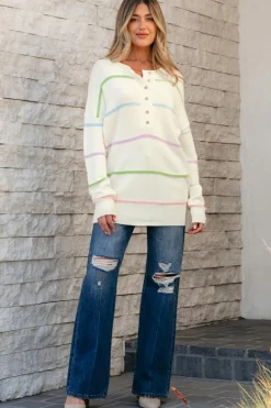 Sale Dear-Lover Rainbow Stripes Drop Shoulder Baggy Henley Sweater White
