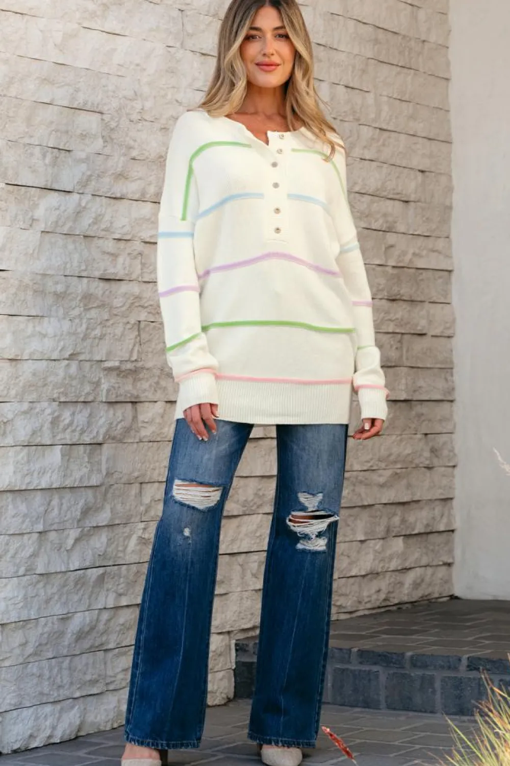 Sale Dear-Lover Rainbow Stripes Drop Shoulder Baggy Henley Sweater White
