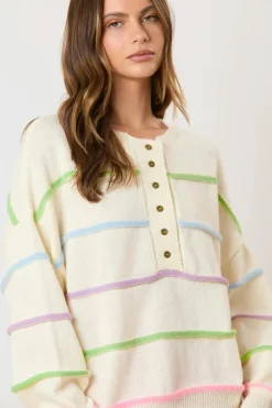 Sale Dear-Lover Rainbow Stripes Drop Shoulder Baggy Henley Sweater White