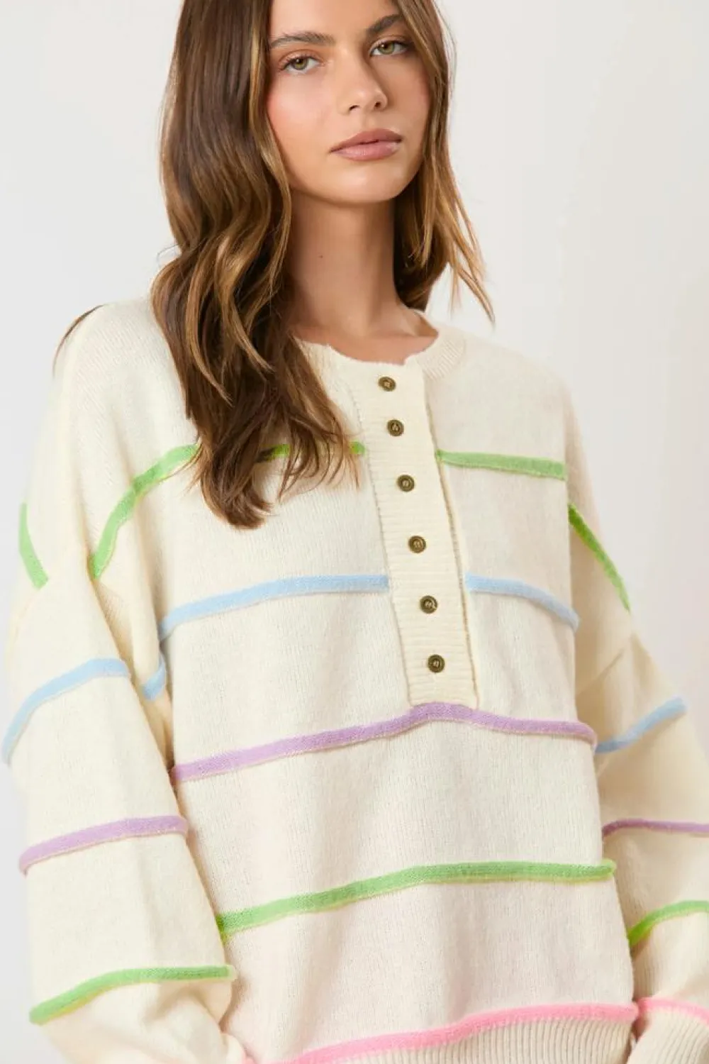 Sale Dear-Lover Rainbow Stripes Drop Shoulder Baggy Henley Sweater White
