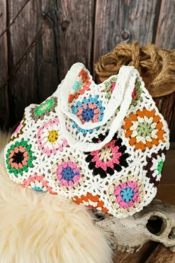 Fashion Dear-Lover Random Boho Floral Crochet Retro Hollowed Bag White