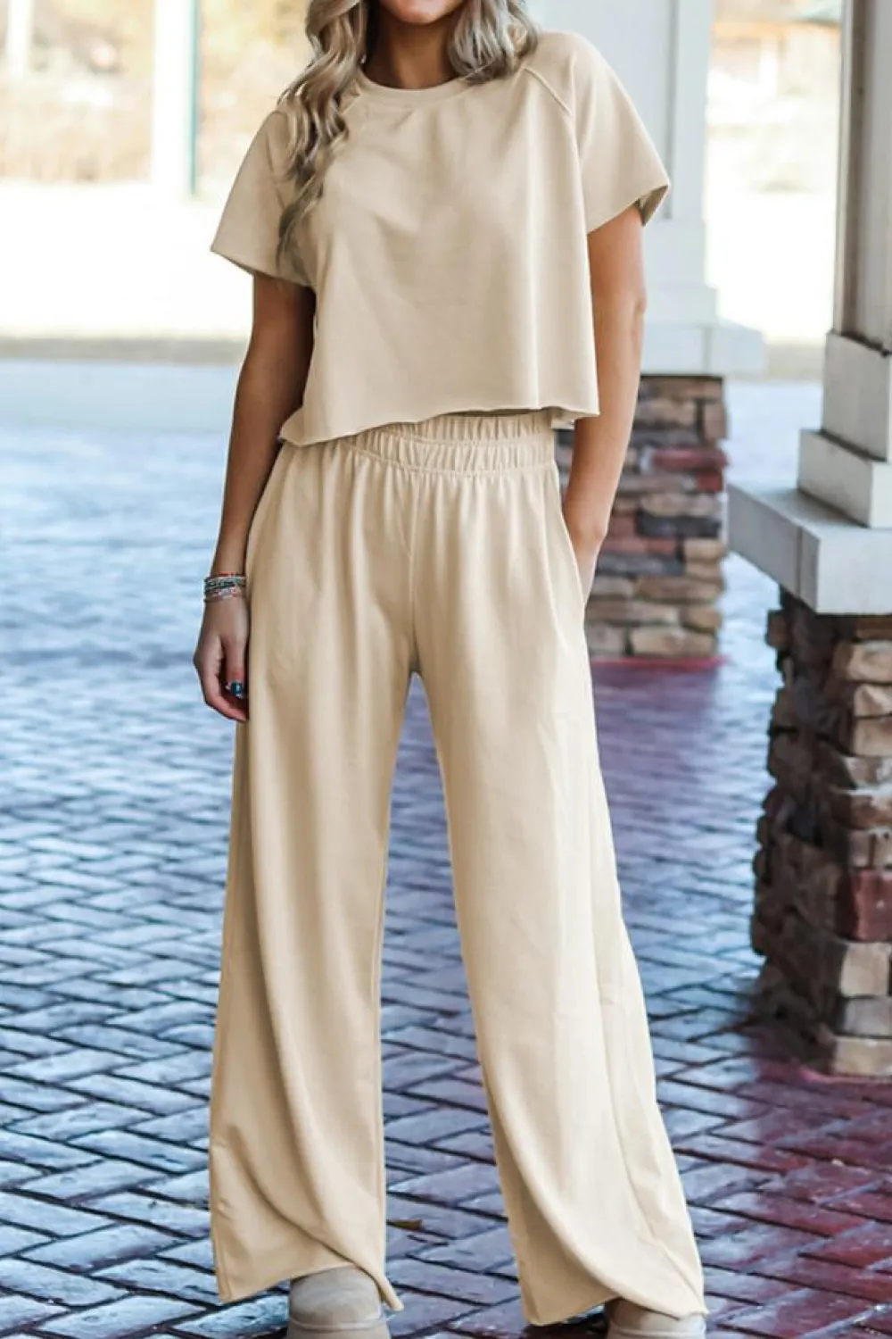Sale Dear-Lover Raw Hem Loose Tee and Wide Leg Pants Set White