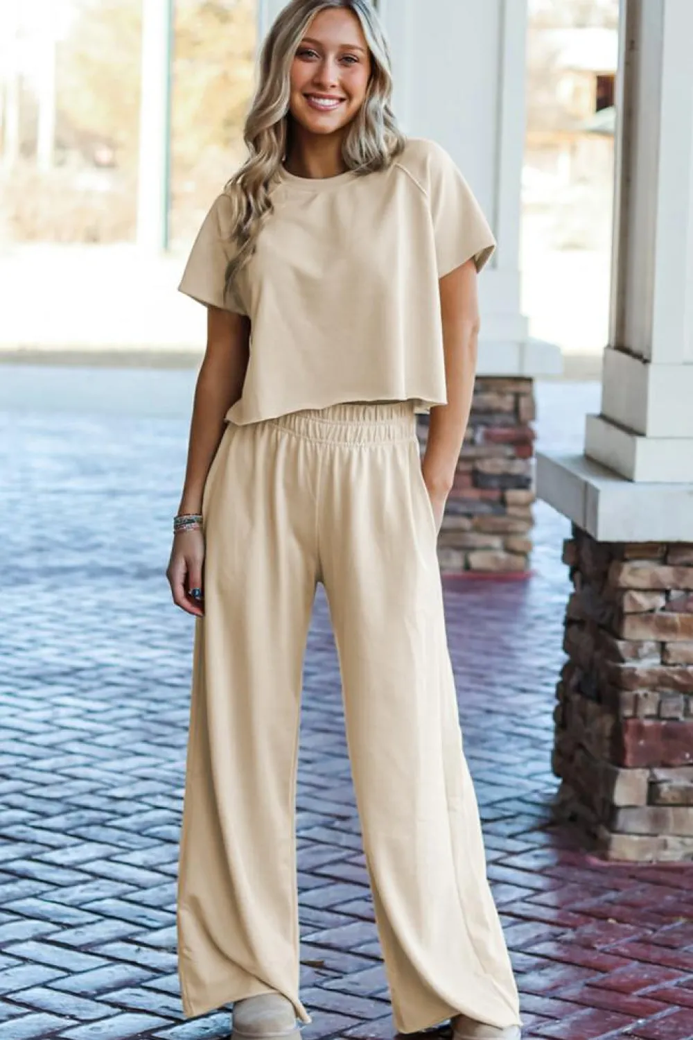 Sale Dear-Lover Raw Hem Loose Tee and Wide Leg Pants Set White