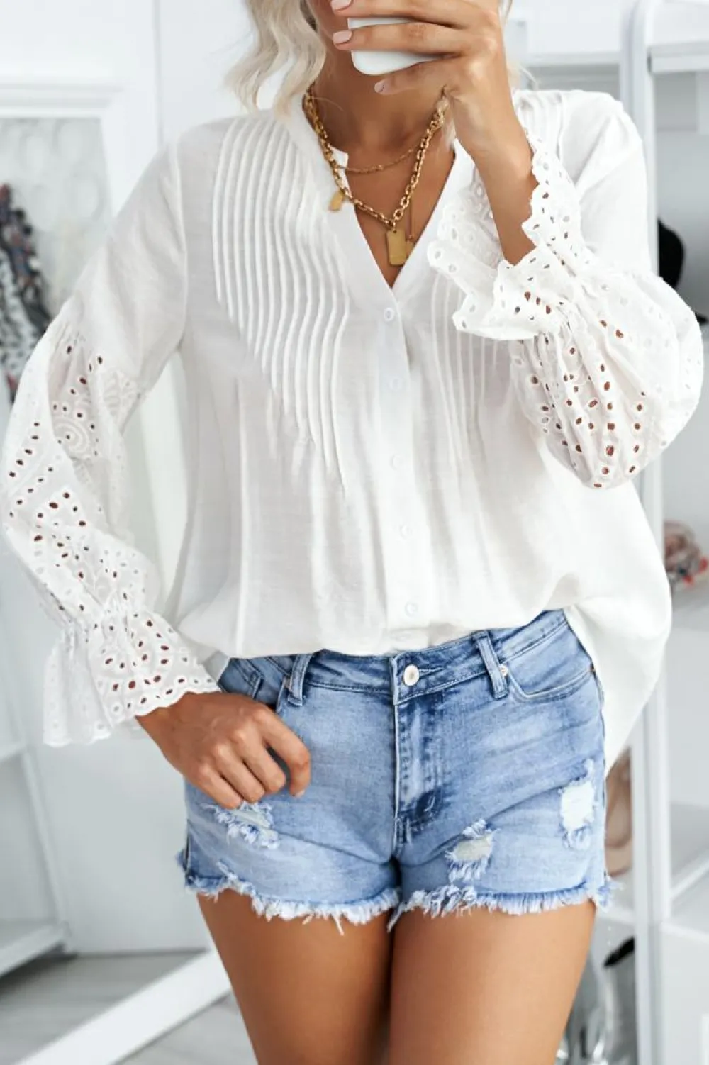 Outlet Dear-Lover Rekindle Eyelet Button Up Top White