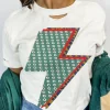 Discount Dear-Lover Rhinestone Decor Bolt Graphic Ripped Western Tee White