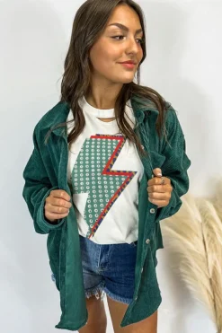 Discount Dear-Lover Rhinestone Decor Bolt Graphic Ripped Western Tee White