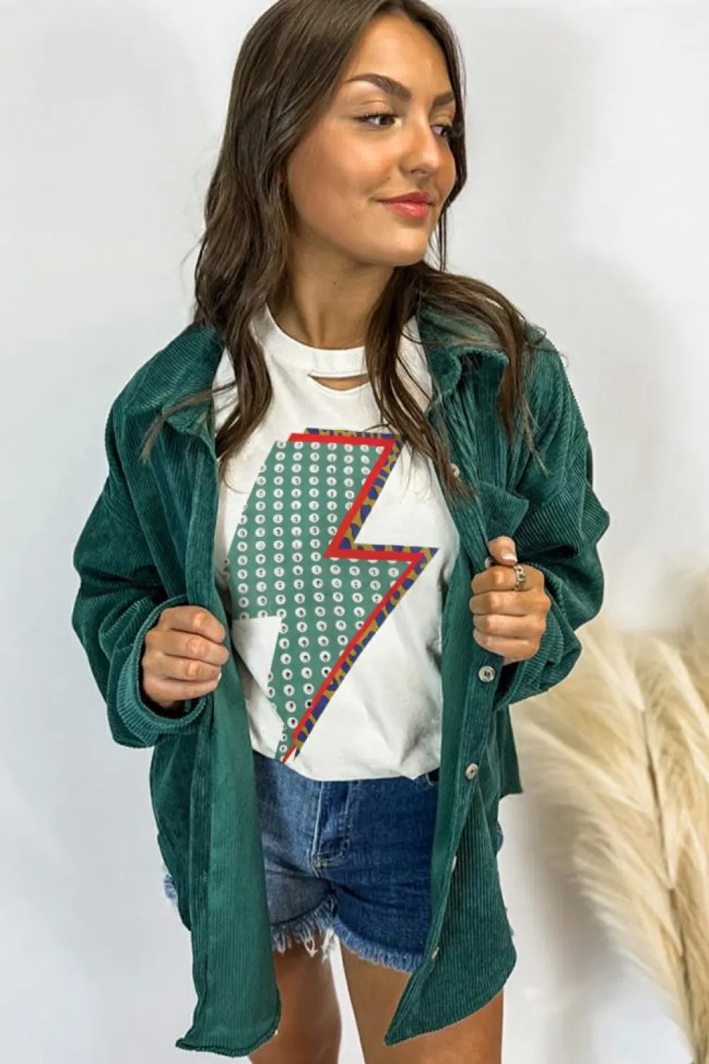 Discount Dear-Lover Rhinestone Decor Bolt Graphic Ripped Western Tee White