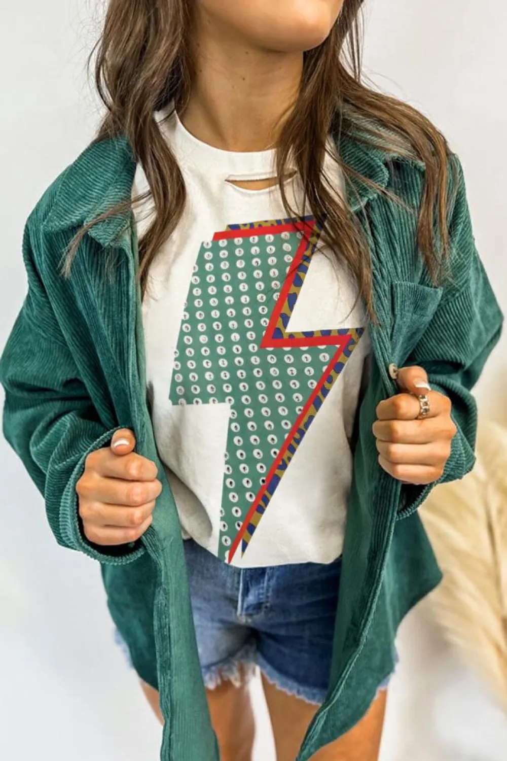 Discount Dear-Lover Rhinestone Decor Bolt Graphic Ripped Western Tee White