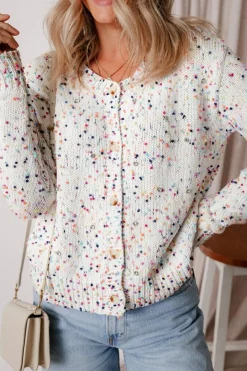 Outlet Dear-Lover Rhinestone Decor Multicolor Confetti Sweater Cardigan White