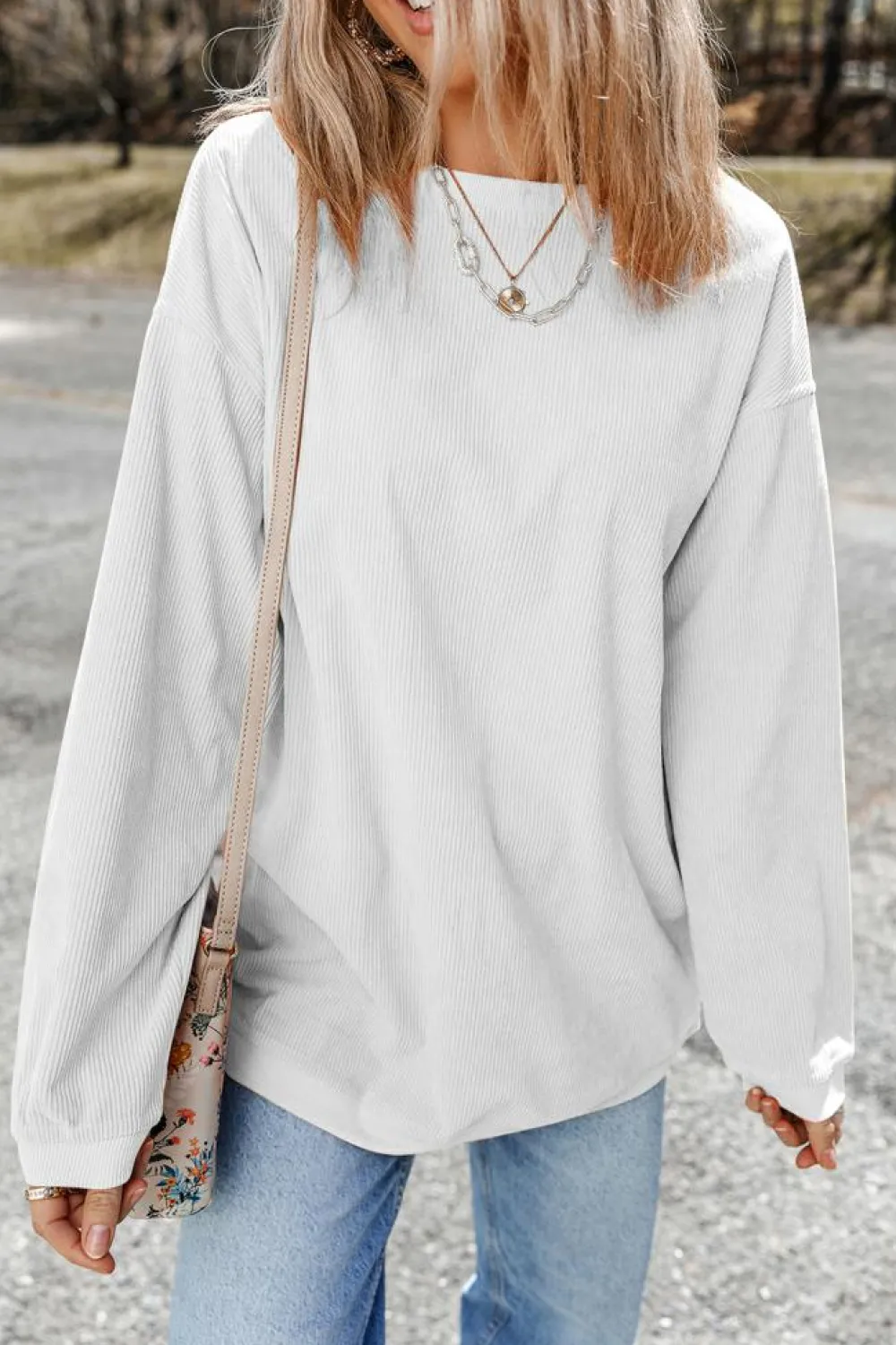 Hot Dear-Lover Ribbed Corduroy Oversized Sweatshirt White