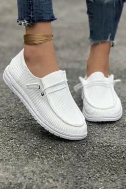 Outlet Dear-Lover Ribbed Lace-up Decor Slip On Shoes White