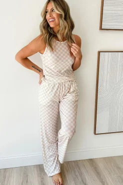 Fashion Dear-Lover Ribbed Texture Checkered Print 2pcs Tank and Pants Set White