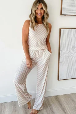 Fashion Dear-Lover Ribbed Texture Checkered Print 2pcs Tank and Pants Set White